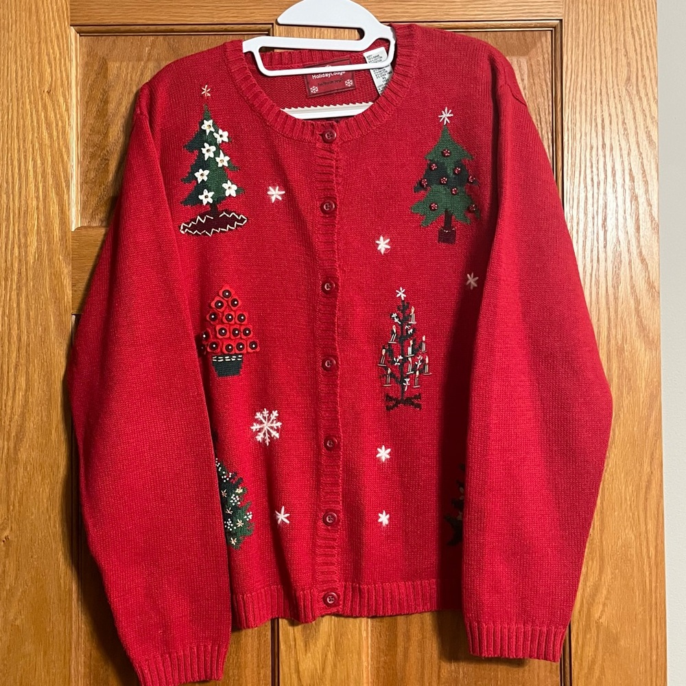 VTG Women’s Christmas Embroidered Cardigan Red SZ XL